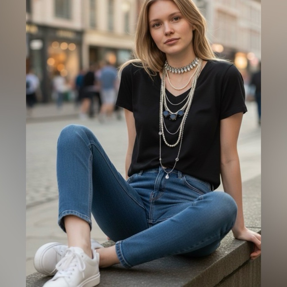 Beautiful layered necklace with pearls and rhinestones.